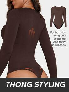 Women's Solid Color Casual Ribbed Long Sleeve Bodysuit Summer Elegant Brown - Brown - View 3