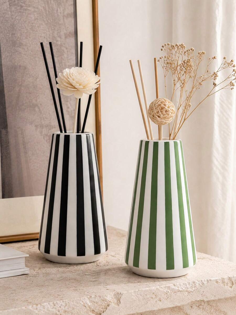 1 pieza Botella de aromaterapia de resina con aloe vera, 3 colores verde menta/rosa suave/negro clásico, decoración de fragancia con rayas modernas, accesorio de fragancia para el hogar minimalista, adecuado para difusor de aceites esenciales en la sala de estar y la oficina - Unitalla - Ver 1