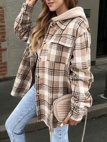 Women's Plaid Hooded Lightweight Shirt Jacket, Spring/Autumn - Multicolor - View 4
