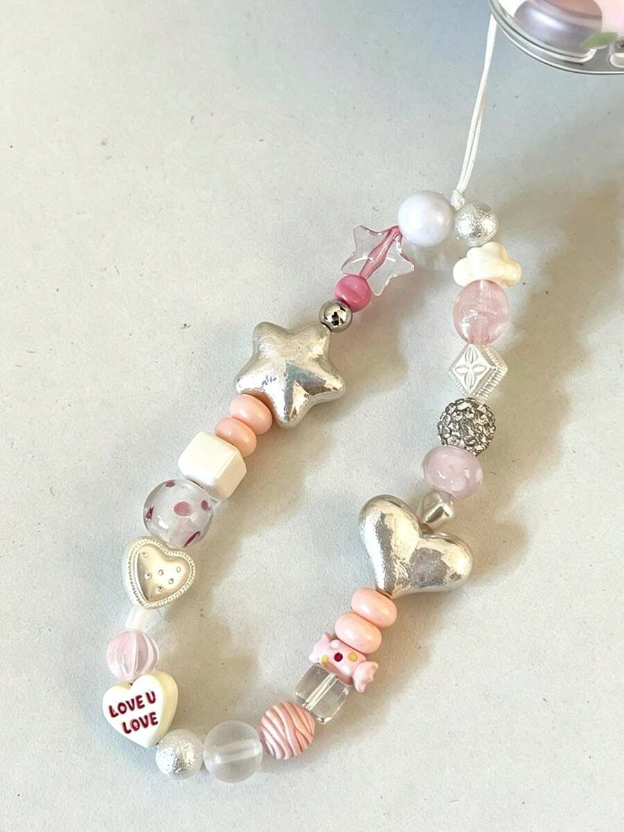 1pc Fashion Sweet Pink Flower Butterfly Beaded Versatile Phone Accessory Compatible With Apple Phone Case - Silver Heart - View 1