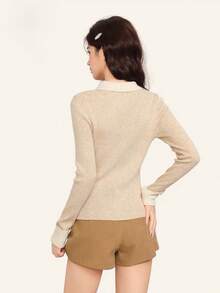 Vintage Patchwork Contrast Color Polo Collar Casual Versatile Slim Fit Long Sleeve Knit Top - Apricot - View 6