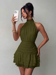 Elegant Halter Neck Backless Mini Dress With Layered Ruffle Hem, Suitable For Summer Parties, Beach Vacations, Daily Outings, Holidays And Graduation Ceremonies - Army Green - View 3