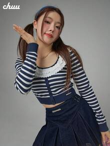 CHUU Solid Color Knit Ruffle/Lettuce Trim Sweater, Holiday Daily Date Back To School Party Autumn/Winter Pullover - Navy Blue - View 2