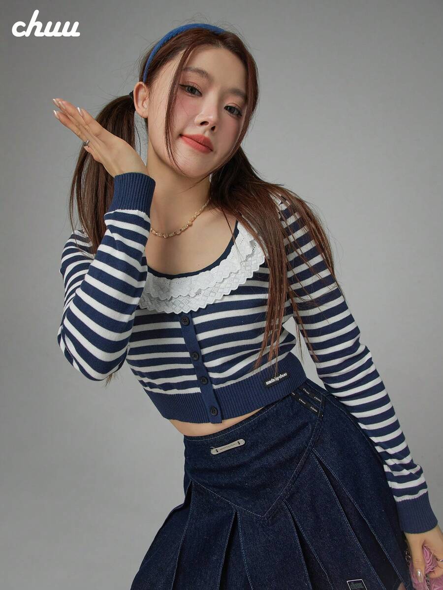 CHUU Solid Color Knit Ruffle/Lettuce Trim Sweater, Holiday Daily Date Back To School Party Autumn/Winter Pullover - Navy Blue - View 1