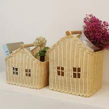 1pc Nordic Rattan House-Shaped Decorative Basket – Handwoven Storage Organizer With Window View For Desktop, Toys, And Home Decor, Natural Beige Color, Open Top Design, Cute Storage, Shelf Baskets - Original Rattan Color - S - View 3