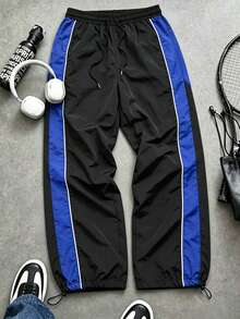 Men's Black Colorblock Sports Pants, Retro Casual Long Pants, Side Colorblock Detail And Drawstring Cuffs, Loose Fit, Suitable For Skateboarding And Weekend Casual Gatherings - Blue - View 5
