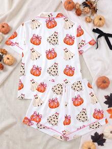 [Halloween]2 piezas Conjunto de pijama para mujer, Estampado de fantasmas de Halloween, Ropa de estar en casa para mujer, Conjunto de vacaciones de primavera/verano, Conjunto de top de manga corta y pantalones cortos - Blanco - Ver 2