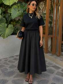 Women's Stretch Waist Poplin Long Flared Skirt - Black - View 3