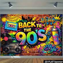 2d Plane Retro 90' S Hip-Hop Theme Party Banner Background Back To 90' S Hip-Hop Theme, Including Tape Vinyl Retro Tape Recorder Gold Chain Crown Design, Very Suitable For Various Festivals Banner Background. - 1 - View 6