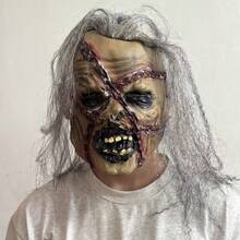 1pc Realistic Rotten Corpse Mask, Horror Bloody Chain Wound Undead Mask With Grey Wig, Scary Monster Mask, Suitable For Carnival Party, Horror Attraction Props - Multicolor - View 6