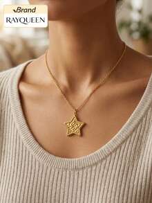 RAYQUEEN 1pc Stainless Steel Vintage Textured Five-Pointed Star Pendant Gold Necklace For Women, Suitable For Daily Wear - Gold - View 6