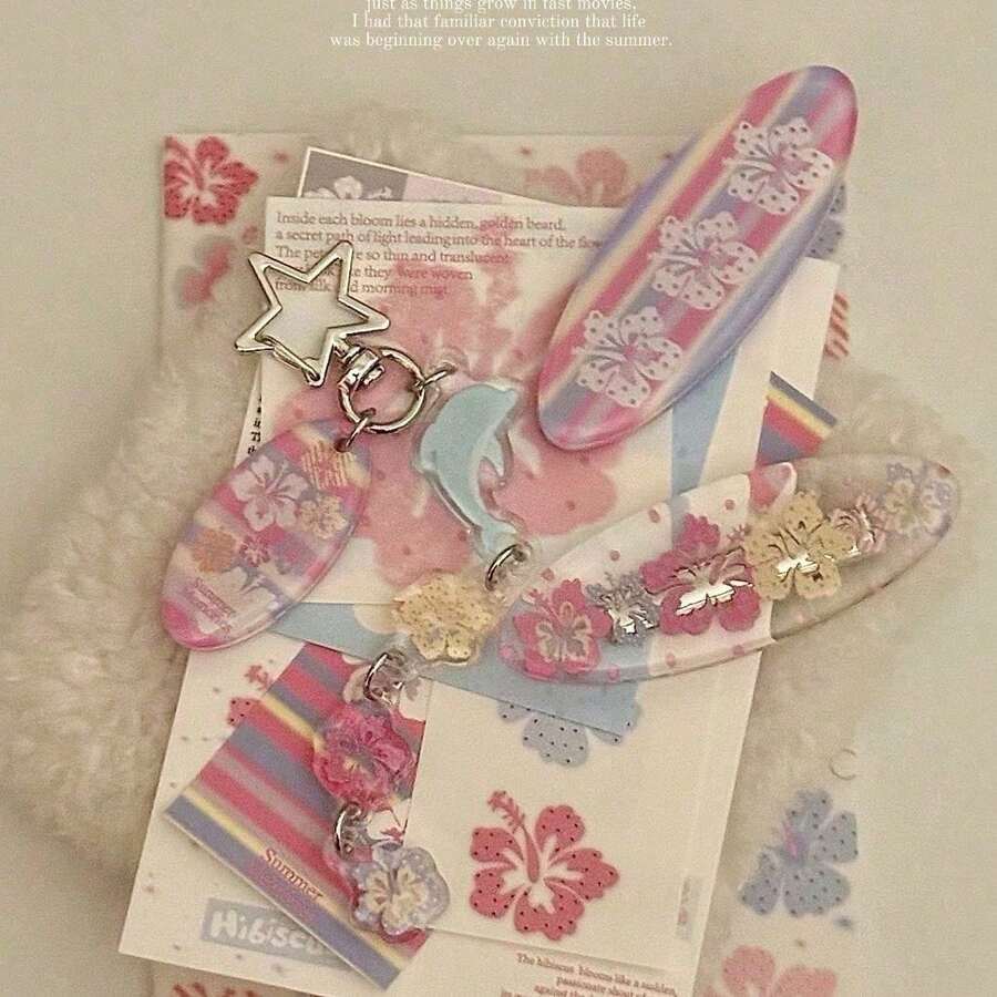 夏日度假風壓克力鑰匙圈,扶桑花與海豚吊飾鑰匙環,便攜手提包掛飾,背包裝飾吊飾 - A - 查看 1