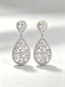 Lightly Luxurious Drop-Shaped Earrings Set With Gemstones. This Elegant Dress Is Paired With Delicate Earrings That Make The Face Appear Smaller - Silver - View 7