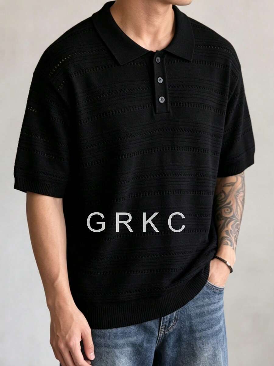 GRKC 男士針織 Polo 衫,翻領短袖修身剪裁,極簡風針織上衣,春夏內搭層 - 黑色 - 查看 1