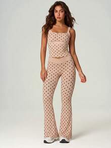UONNOU 2pcs Polka Dot Square Neck Criss-Cross Back Camisole + Criss-Cross Waist Flare Pants Sports Set - Pink - View 8