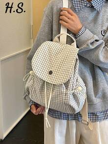 Korean Style Fresh Plaid Drawstring Flap Backpack, Minimalist Japanese Small Grid Fabric Bag, Lightweight Wear-Resistant Multi-Pocket Student School Shopping Outdoor Travel Casual Versatile Backpack For Girls - Multicolor - View 3