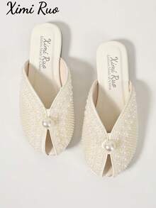 Ximi Ruo Women's Open Toe Cool Slides Spring New Fashion Outdoor Flat Rhinestone Closed Toe Slippers Slouchy Mule Shoes Internet Celebrity Closed Toe - White - View 7