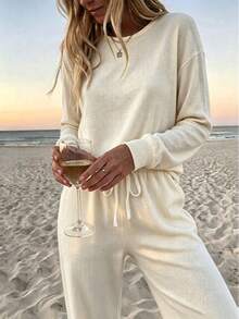 SuofeiMan Women's Casual Solid Color 2 Pieces Set Long Sleeve Crew Neck Top With Pocket Drawstring Wide Leg Pants, Autumn/Winter Home Leisure Outfit, Elegant Style - Apricot - View 2