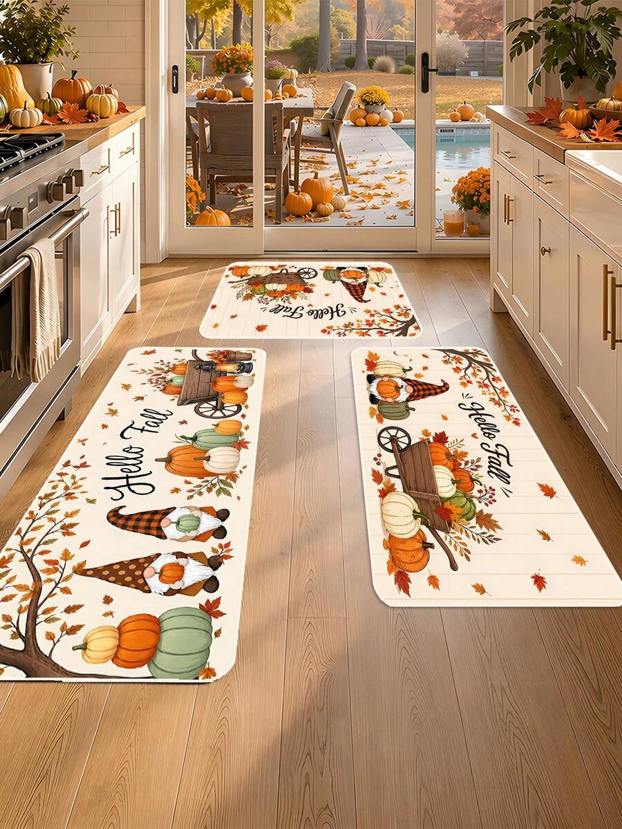 1/16Pcs Hello Fall Theme Doormat, Thanksgiving Door Mat, Printed With Nordic Faceless Gnome, Pumpkin, Maple Leaf Patterns, Autumn Harvest Festival Decor Mat, Welcome Kitchen Rug, Dirt-Resistant Floor Mat, Autumn Party Decoration - Multicolor - View 1