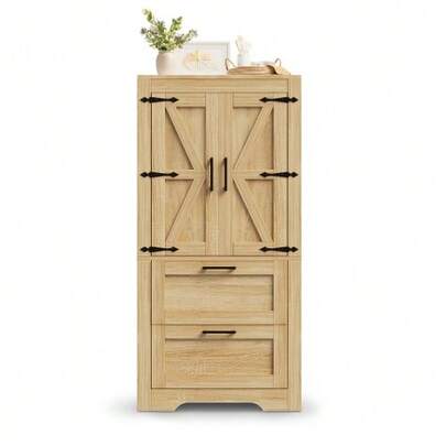 Rustic Style Kitchen Cabinet With 2 Drawers And Adjustable Shelves, Side Cabinet With Barn Door Design, Ideal As Storage Furniture For Kitchen, Dining Room And Living Room, Natural Wood Color.