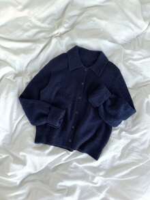 Kardigan Rajut Wanita Musim Gugur/Dingin Vintage Biru Navy Kerah Lipat Desain Kancing Tunggal Efek Melangsing Serbaguna Jaket Sweater - Navy Blue - View 4