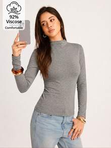 Women's Solid Color Mock Neck Long Sleeve T-Shirt, Slim Fit Elastic Slimming Top, Simple Versatile Daily Base Layer Casual - Dark Grey - View 1