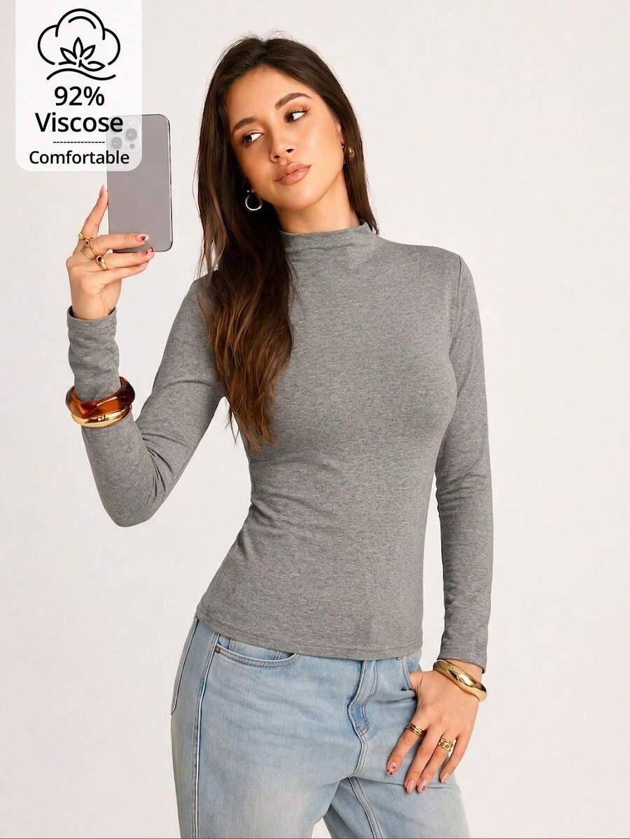 Women's Solid Color Mock Neck Long Sleeve T-Shirt, Slim Fit Elastic Slimming Top, Simple Versatile Daily Base Layer Casual - Dark Grey - View 1