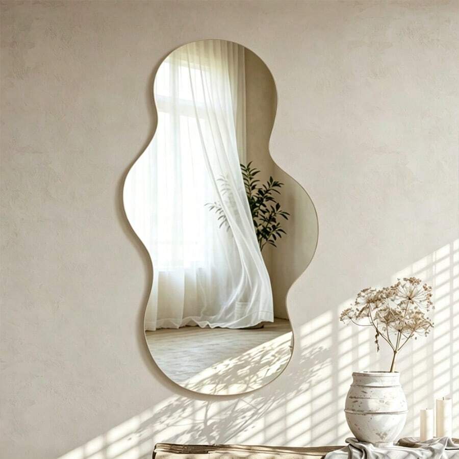 1pc Asymmetrical Wavy Acrylic Wall Mirror, Frameless Decorative Mirror, Aesthetic Asymmetrical Shaped Hanging Mirror, Creative Wall Mirror, Suitable For Bedroom, Bathroom, Living Room Home Wall Decor - Irregular - View 1