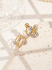 2pcs Stainless Steel Fashion Minimalist Gold & Silver Open Ring Set, Suitable For Women's Daily Wear Or Gift - Multicolor - View 3
