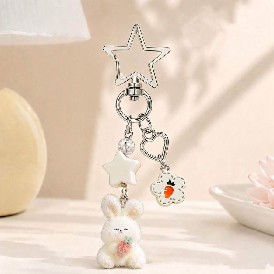 1pc Unisex Cartoon Flocked Rabbit & Bear Keychain, Cute Heart Mushroom Pendant Accessory Bag Charm - Multicolor - View 1