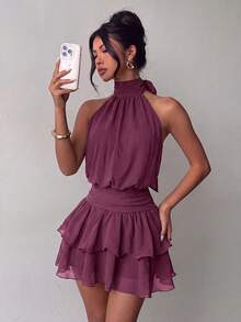 Elegant Fashion Halter Neck Backless Layered Ruffle Mini Dress - Wedding Party - Purple - View 9