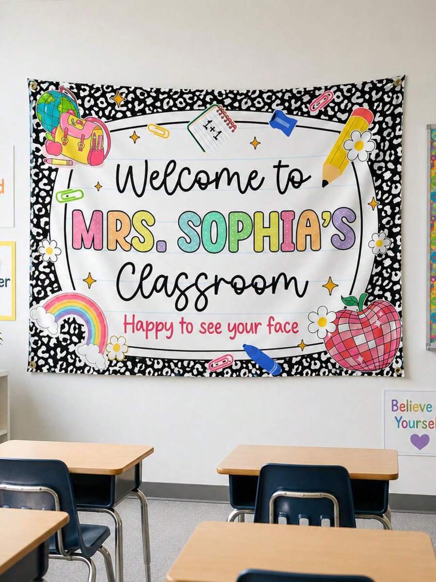 1pc Personalized Teacher Wall Hanging, Customized Welcome Classroom Banner With Name, Back To School, First Day Of School, Teacher Gift - Multicolor - View 1
