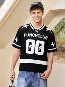 Whitmere Men's Black "PUNCHCLUB 00" Lightning Star Mesh Sports T-Shirt Street Football Style T-Shirt - Black and White - View 1