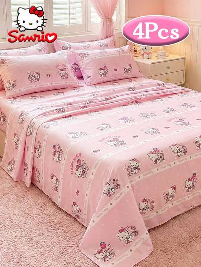Sanrio 4-Piece Cute Cartoon Print Bedding Set, Hello Kitty Bed Sheet And Bed Cover, Easy-Care Super Soft Microfiber Printed Duvet Cover Set (1 Duvet Cover + 1 Fitted Sheet + 2 Pillowcases), Cute Cartoon Style, Soft And Comfortable, Suitable For Dorm Students, Home Bedroom Bed Cover, Guest Room Use, All Seasons, Gift For Boys And Girls Friends, Dorm Bedding, Back To School Essential, Oversized Bed Sheet, Soft And Breathable, Fits All Bed Sizes - Twin, Full, Queen, King