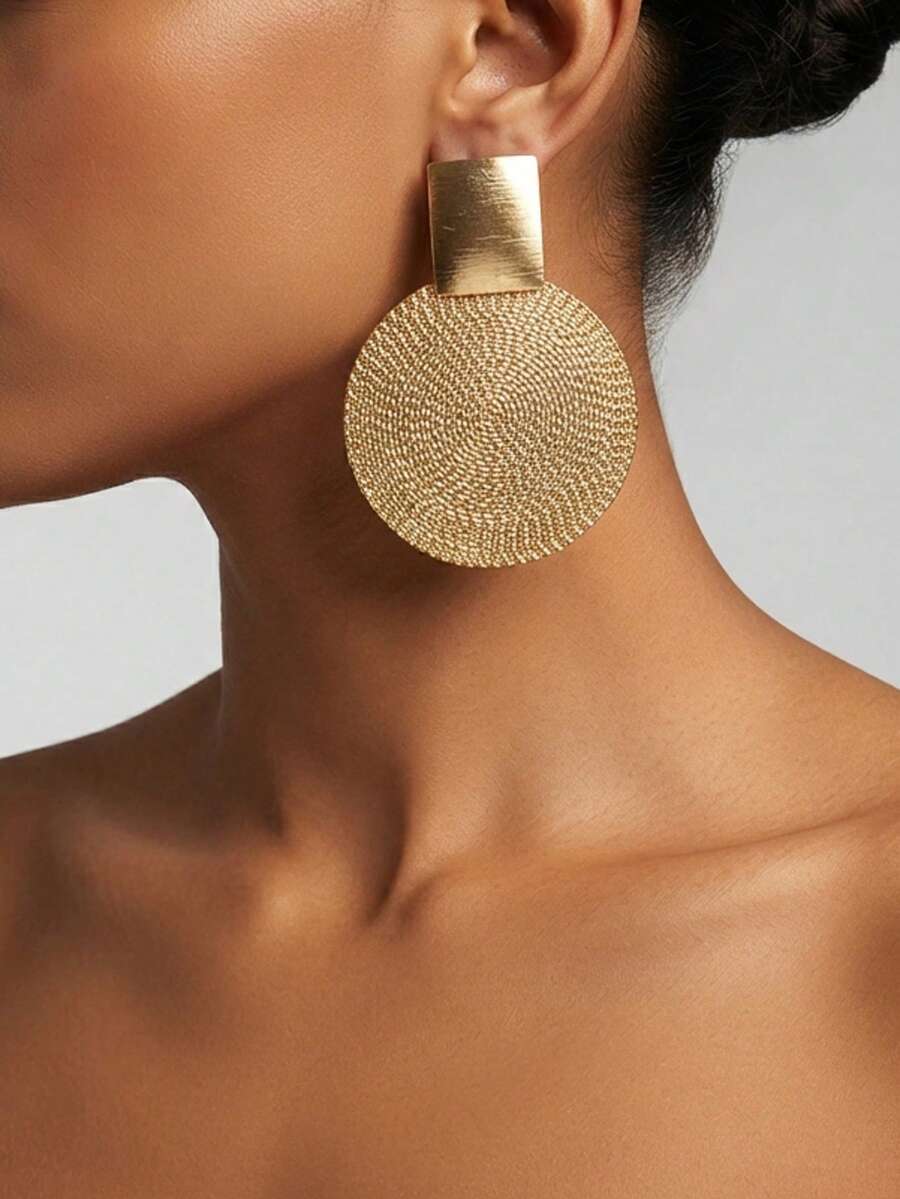 1 Pair New Creative Geometric Disc Round Square Patchwork European American Style Exaggerated Personalized Party Runway Large Earrings - Yellow Gold - View 1