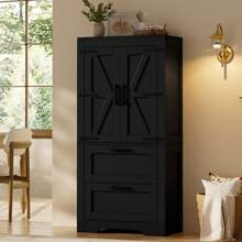 Country-Style Kitchen Cabinet With 2 Drawers And Adjustable Shelves, Barn Door Design Sideboard, Suitable As Storage Furniture For Kitchen, Dining Room, And Living Room, Black - View 5