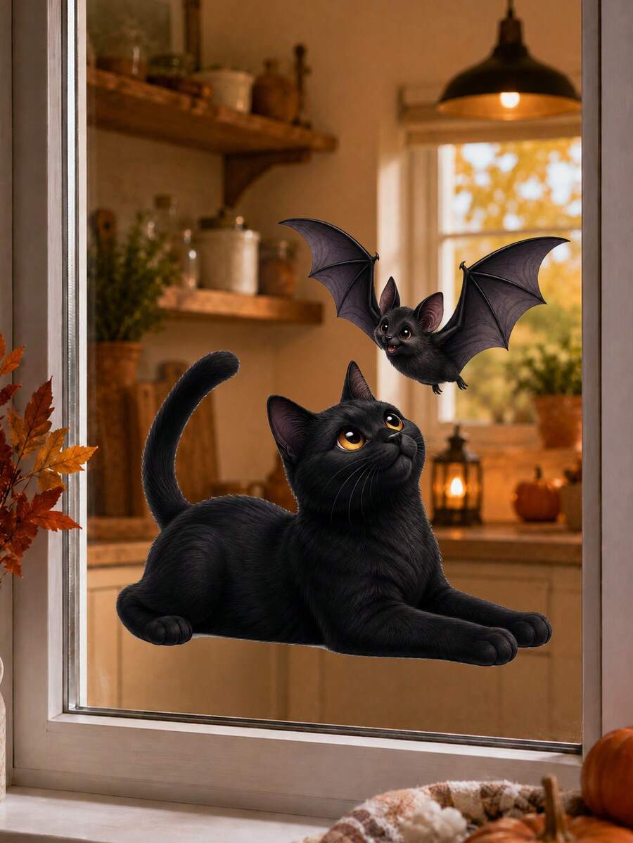 1pc Halloween Cute Black Cat & Bat Window Sticker, Self-Adhesive Peel ...