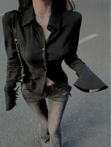 Blus Wanita Ukuran Plus Elegan Warna Polos dengan Detail Kerah Belakang Unik dan Plaket Depan - Lengan Panjang, Cocok untuk Semua Musim, Gaya Musim Semi/Gugur Hitam - Hitam - View 2