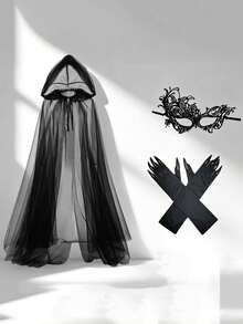 4-Piece Halloween Witch Costume Set With Cape, Gown, Gothic Gloves, Headpiece, Mask And Gloves, Suitable For Party, Cosplay, Role Play - Multicolor - View 1