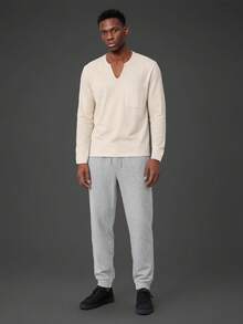 Camvyn Men's Spring/Autumn Thin Casual Versatile Comfortable Pocket Slim Fit Regular Shoulder V-Neck Long Sleeve T-Shirt And Casual Long Pants Set - Apricot - View 2