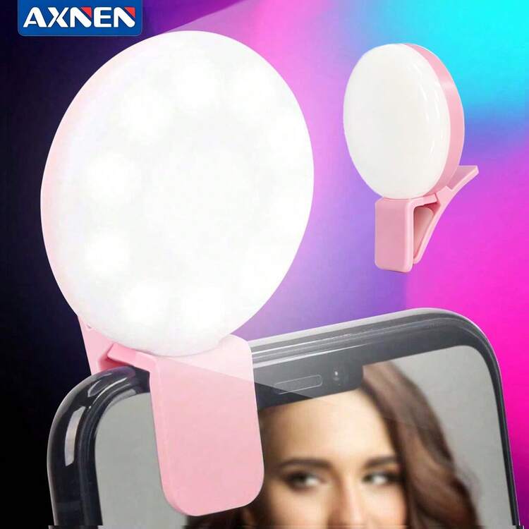AXNEN 1個夾式圓形便攜自拍燈，迷你自拍環形燈，可充電電池，3段亮度可調，2-8小時續航，適用於iOS/Android手機攝影、影片、Vlog補光 - 粉色 - 查看 1