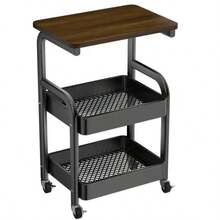 2-Tier Rolling Side Table Cart With Walnut Top, Mobile Storage Organizer With Mesh Baskets & Wheels, Compact Bedside Table For Bedroom, Living Room & Home Office - Black Storage Rack With Trolley - View 7