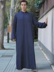 Men's Solid Color Long Sleeve Stand Collar Arabic Robe - Navy Blue - View 8