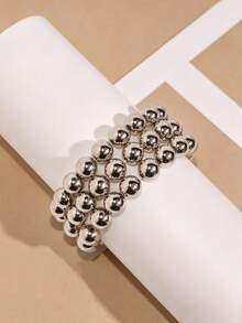 3pcs/Set Silver Beaded Elastic Bracelets Minimalist Layered Bangles Everyday Versatile Jewelry Gift - one-size - View 6