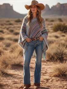 Autumn/Winter New Colorful Striped Tassel Loose Slouchy Knit Shawl Cape - Grey - View 5