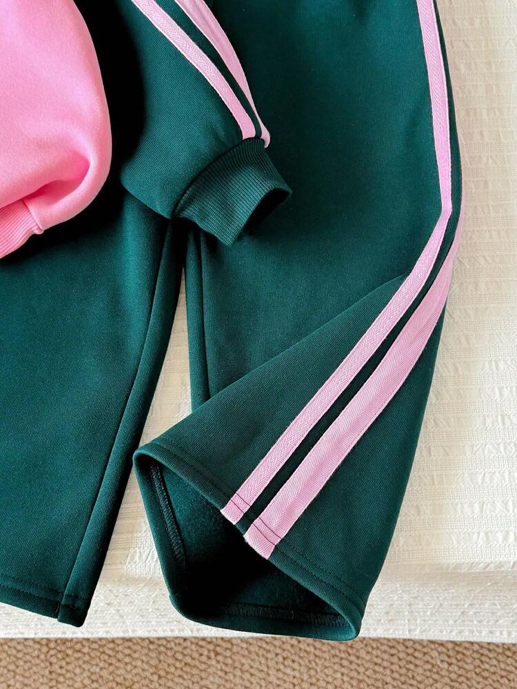 Teen Girl Letter Print Crew Neck Sweatshirt And Striped Sweatpants Set - Pink - View 7