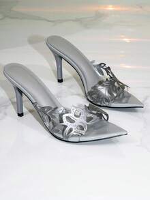 Sepatu Mule Hak Tinggi Ujung Lancip Perak untuk Wanita, Sandal Hak Tinggi Ujung Terbuka dengan Dekorasi Kupu-kupu PVC Transparan, Gaya Glamor untuk Pesta Malam Hari - Perak - View 2