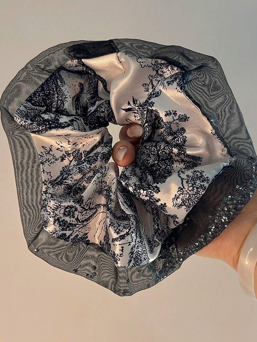2026 New Premium Rhinestone Trim Lace Scrunchie Slouchy Hair Tie With Sequins - Multicolor - View 1