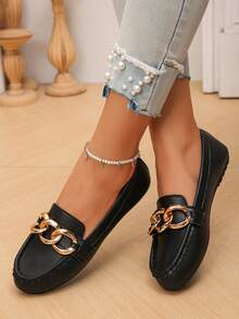 2026 Women's Spring New Black Chain Elegant Slip-On Loafers, Lightweight Comfortable Versatile Soft Sole Flat Shoes - Black - View 1
