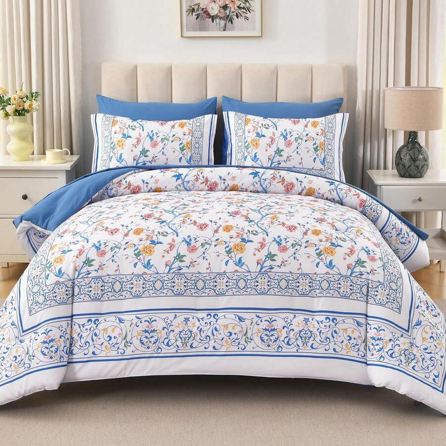 7 Piece Floral King Bed Comforter Set, Blue Flowers Branch On White Botanical Bedding Set, Soft Microfiber Bedding Comforter Sets With Sheets For All Season. Room Decor, Bedroom Decor, Wedding Decoratiion,Halloween Decor, Cheistmas. - 藍色 - 查看 1